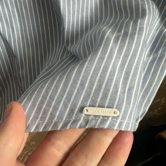 Cozy Earth Coastal Comfort Mock Neck Short Sleeve Button Down in Ocean Stripe - Picture 5 of 8